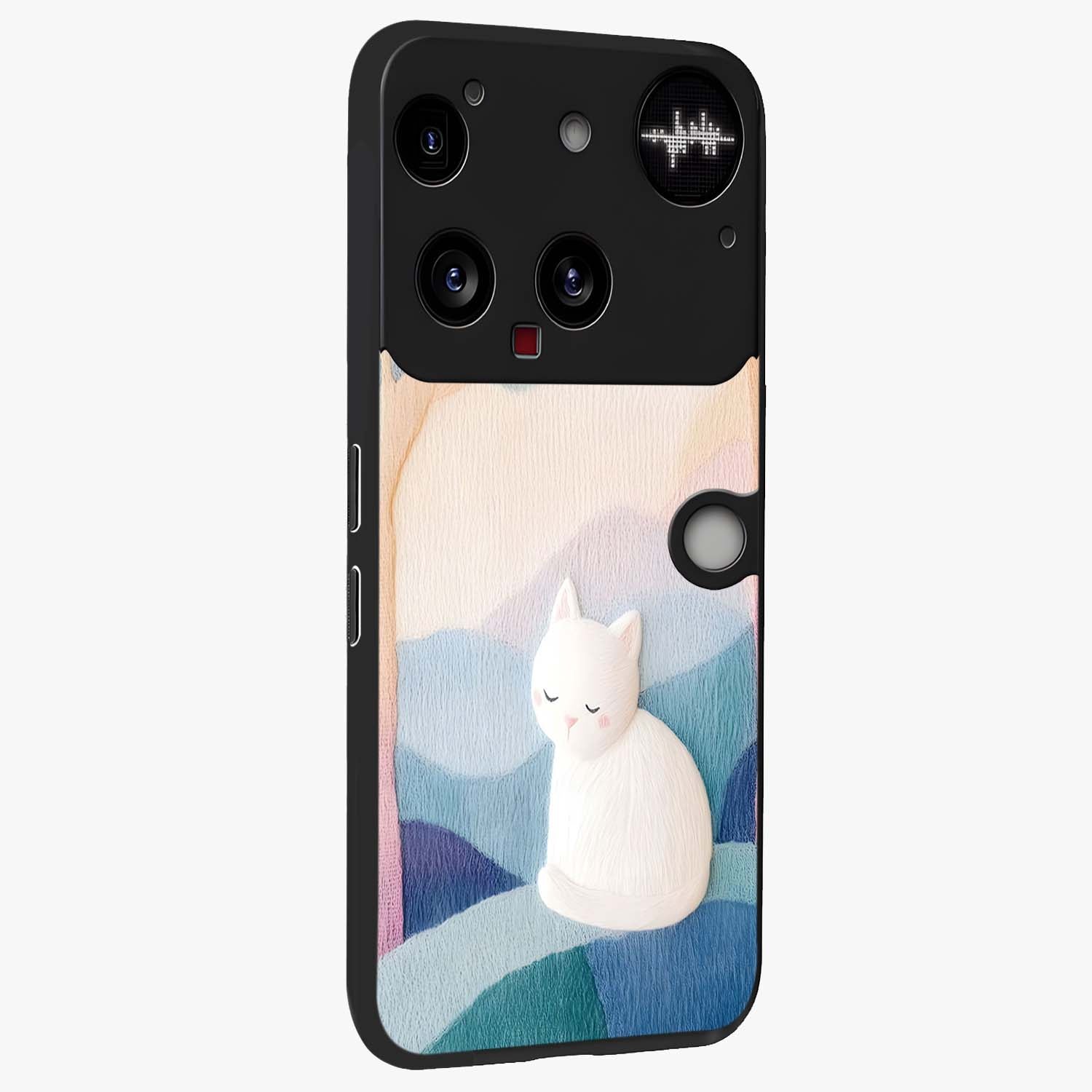 Cotton Dream Cat Glass Case upright view showcasing charming cat artwork with cozy dreamy theme.