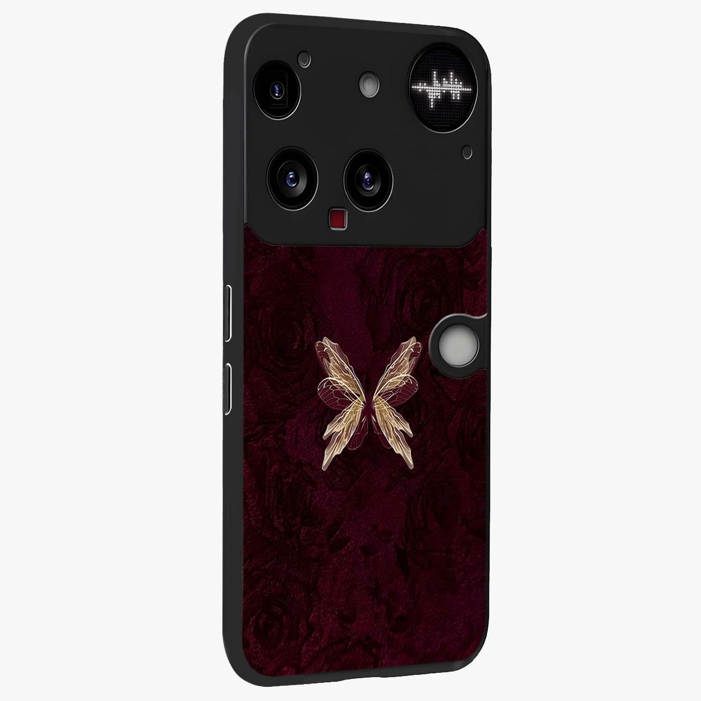 Crimson Fade Butterfly Glass Case upright view showcasing graceful butterfly artwork with soft crimson fade effect.