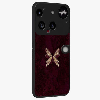 Crimson Fade Butterfly Glass Case upright view showcasing graceful butterfly artwork with soft crimson fade effect.
