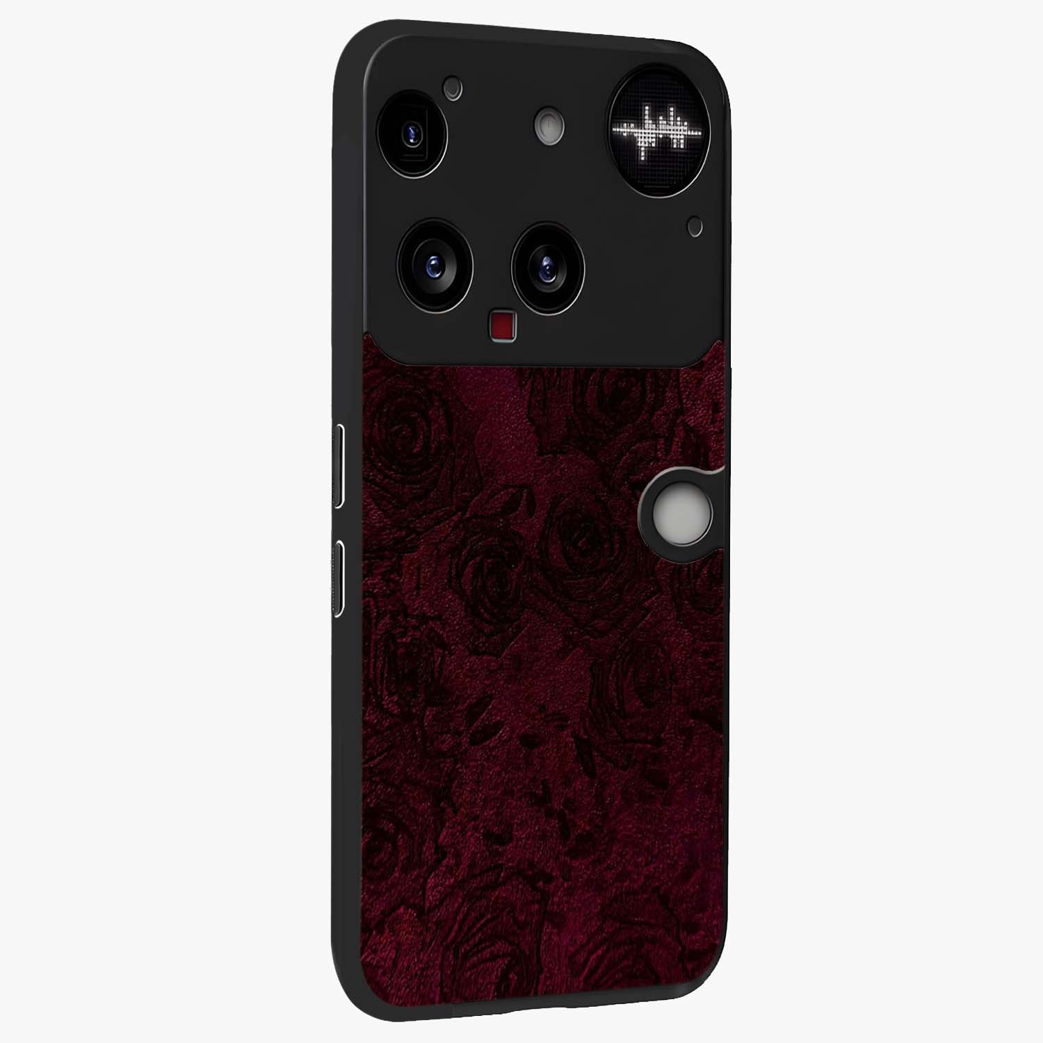 Crimson Fade Flow Glass Case upright view showcasing dynamic crimson flow artwork with stylish abstract theme.
