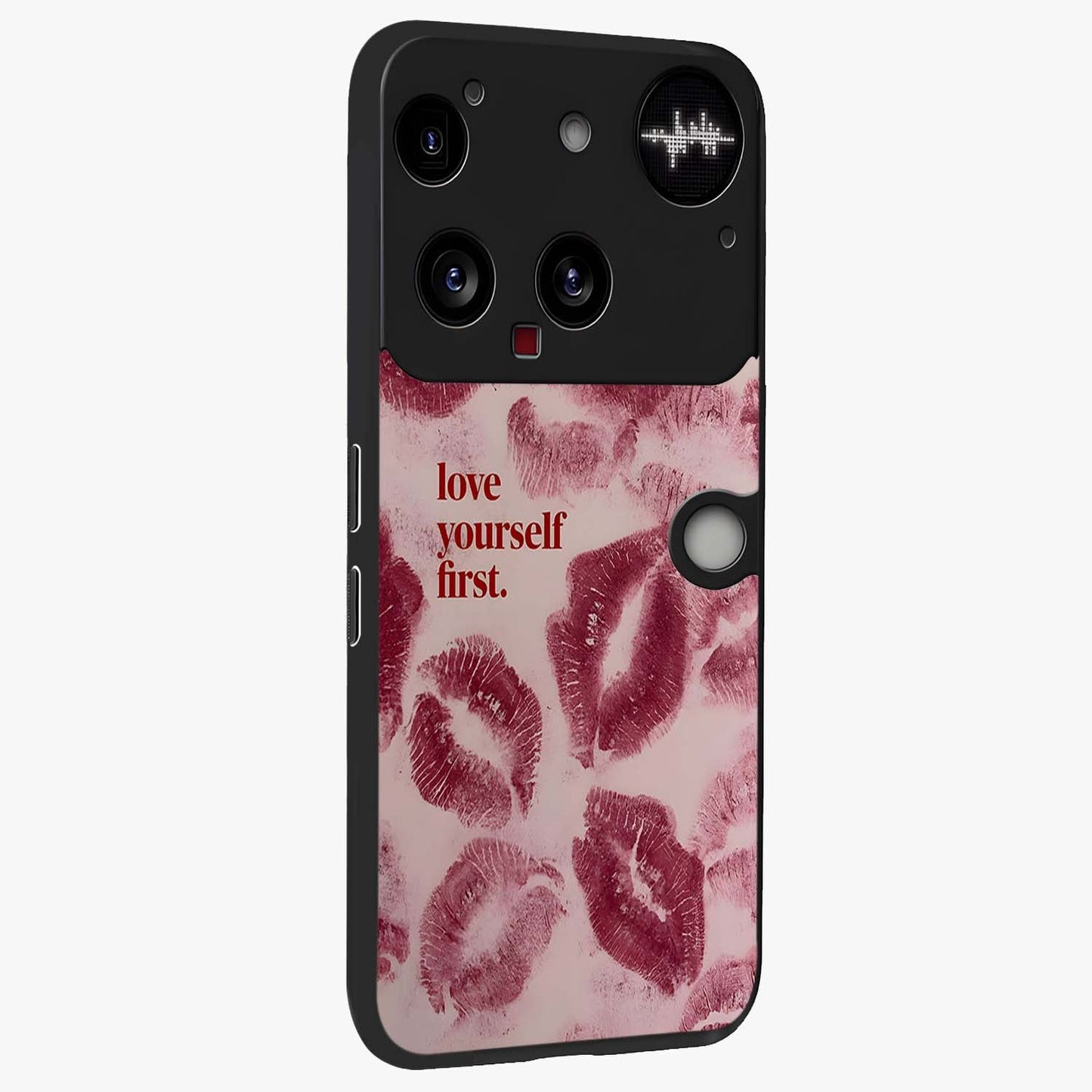 Crimson Kiss Love Glass Case upright view showcasing expressive romantic artwork with deep crimson theme.