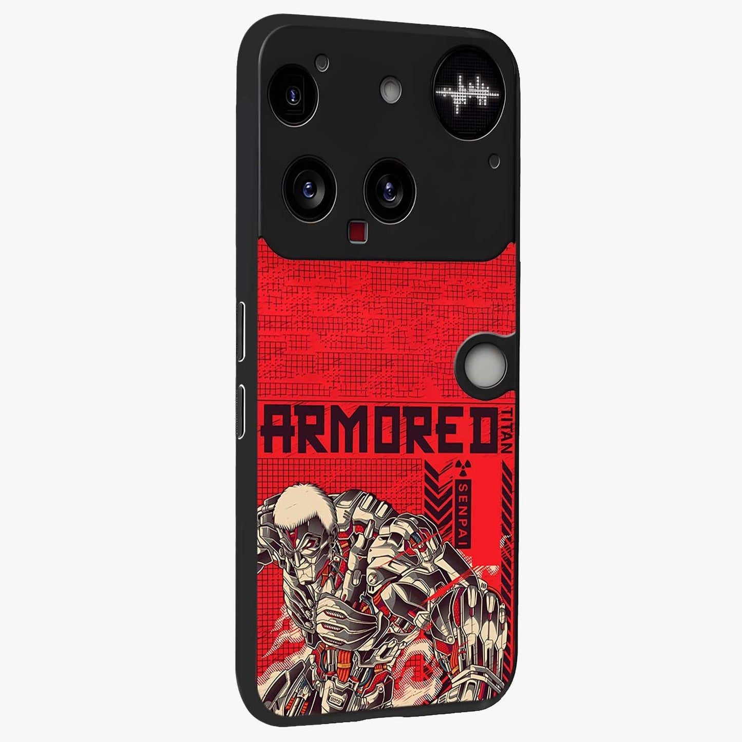 Crimson Mecha Titan Glass Case upright view showcasing dynamic robotic titan design with sci-fi inspired theme.