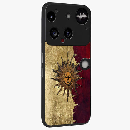 Crimson Sun Majesty Glass Case upright view showcasing vibrant sun artwork with powerful celestial theme.
