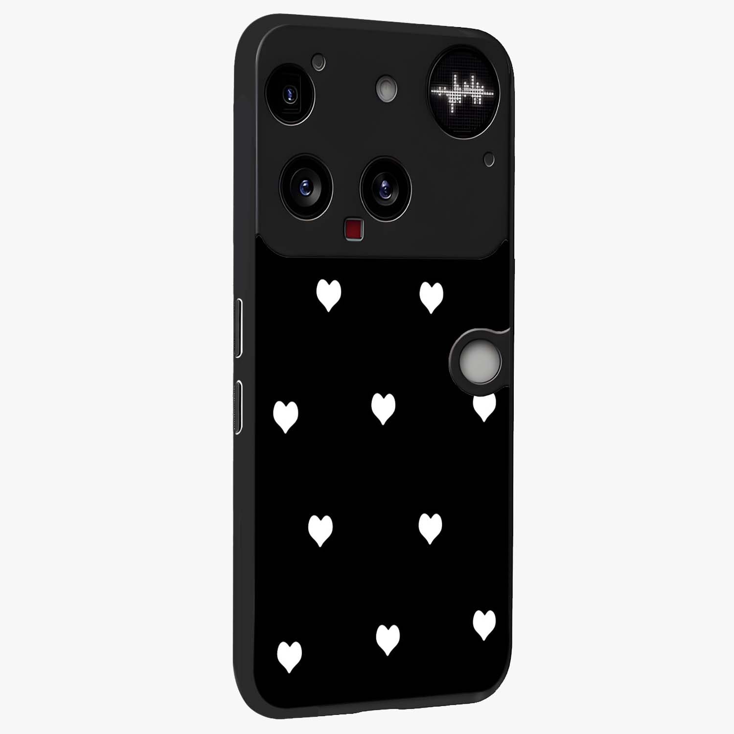 Cute And Simple White Hearts Glass Case upright view showcasing simple white hearts artwork with soft minimal theme.
