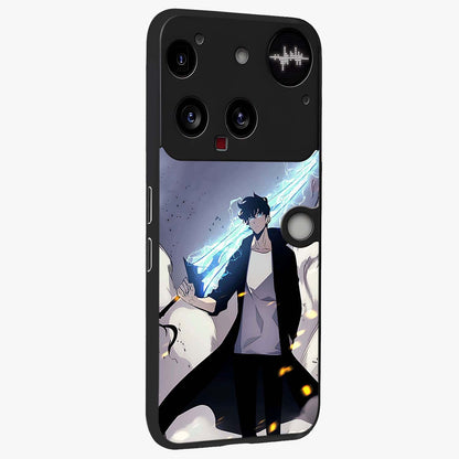 Dark Lightning Anime Warrior Glass Case upright view showcasing dramatic warrior artwork with dark lightning aesthetic.