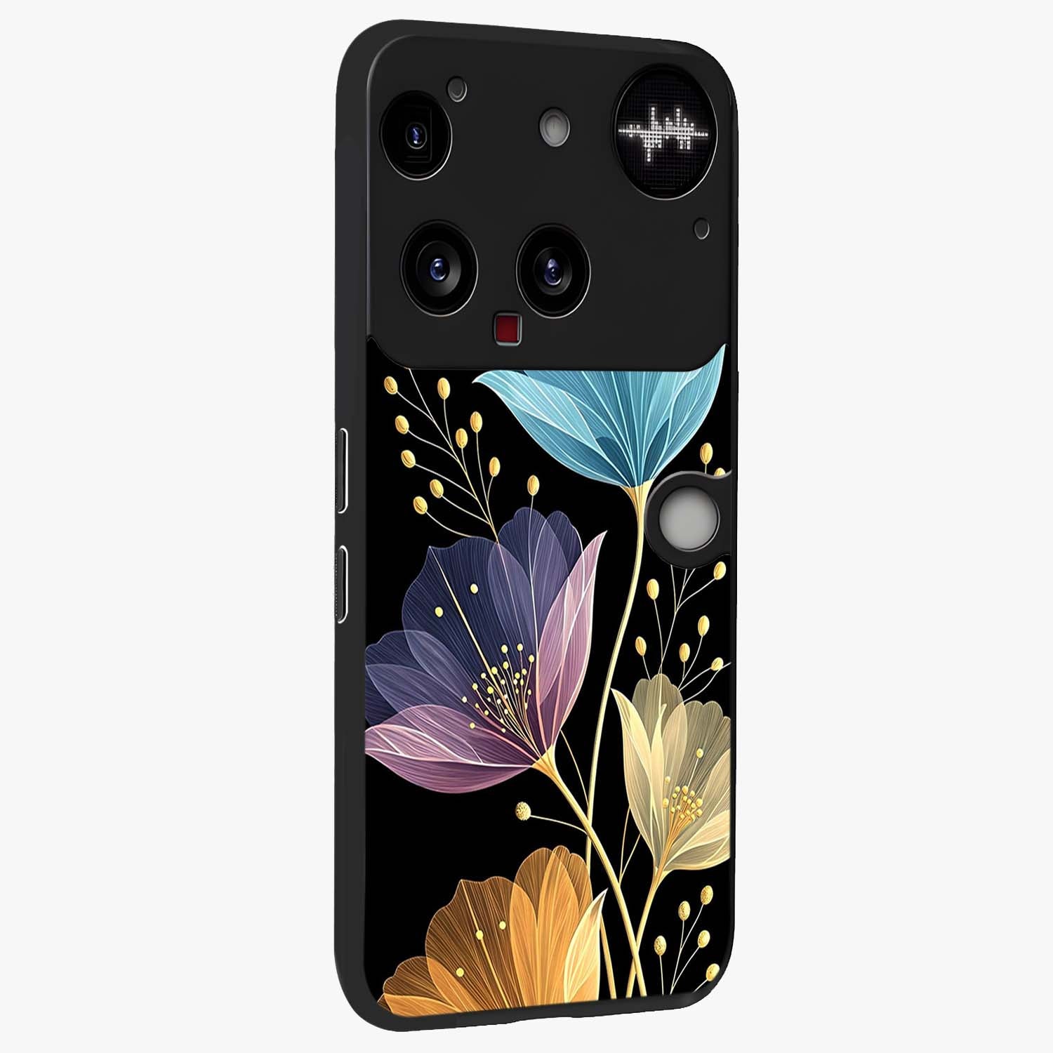 Delicate Multicolor Flowers Glass Case upright view showcasing delicate floral artwork with bright botanical theme.
