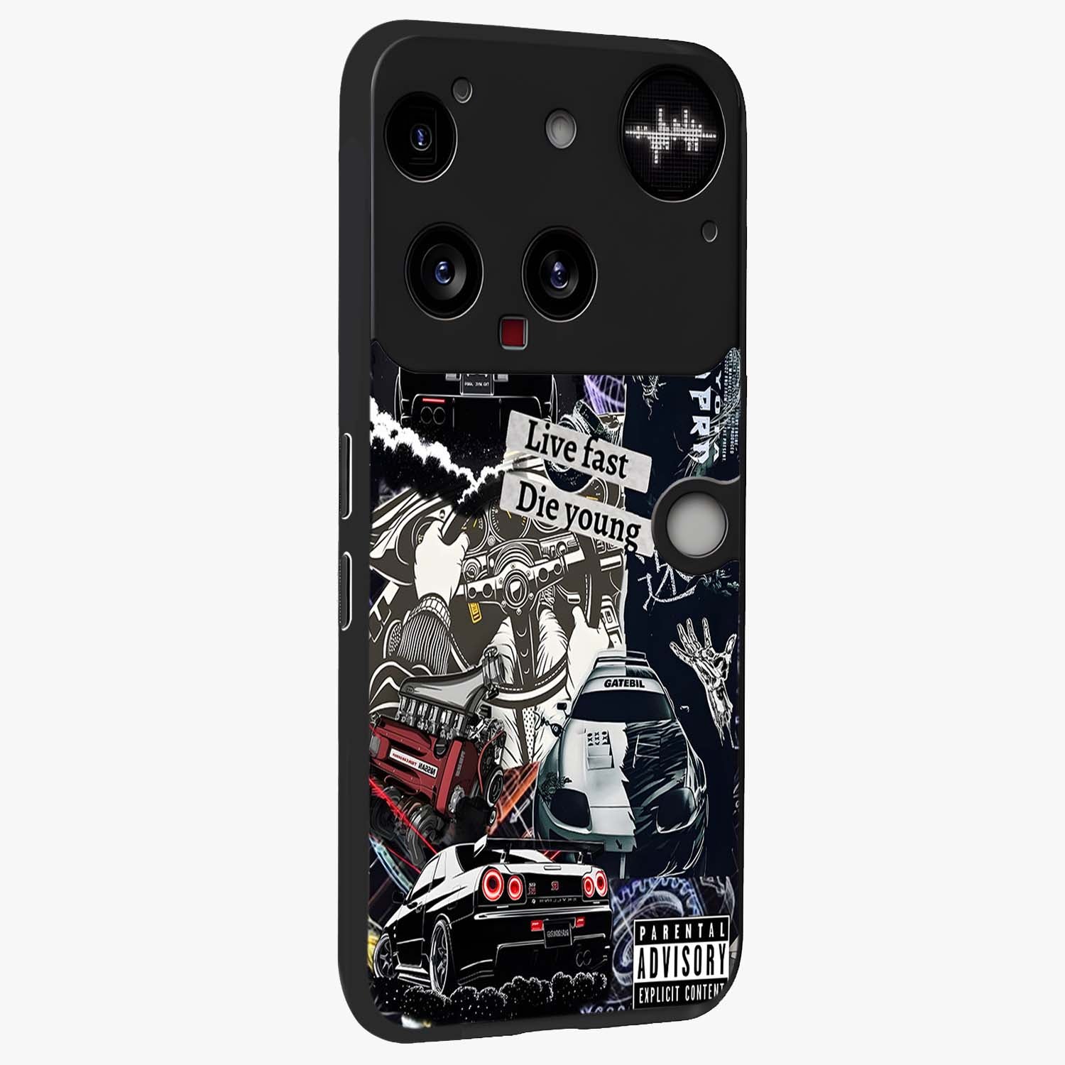 Die Young Glass Case upright view showcasing striking typography artwork with modern statement theme.