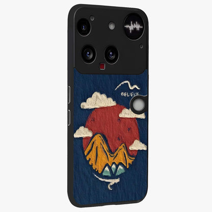 Dream Beyond Mountains Glass Case upright view showcasing beautiful mountain scenery with inspirational nature theme.
