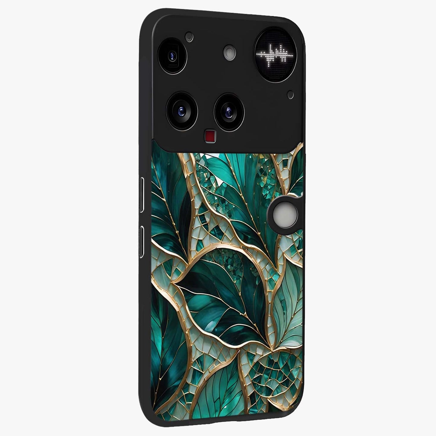 Emerald Leaf Glass Glass Case upright view showcasing fresh green leaf artwork with calming nature inspired style.