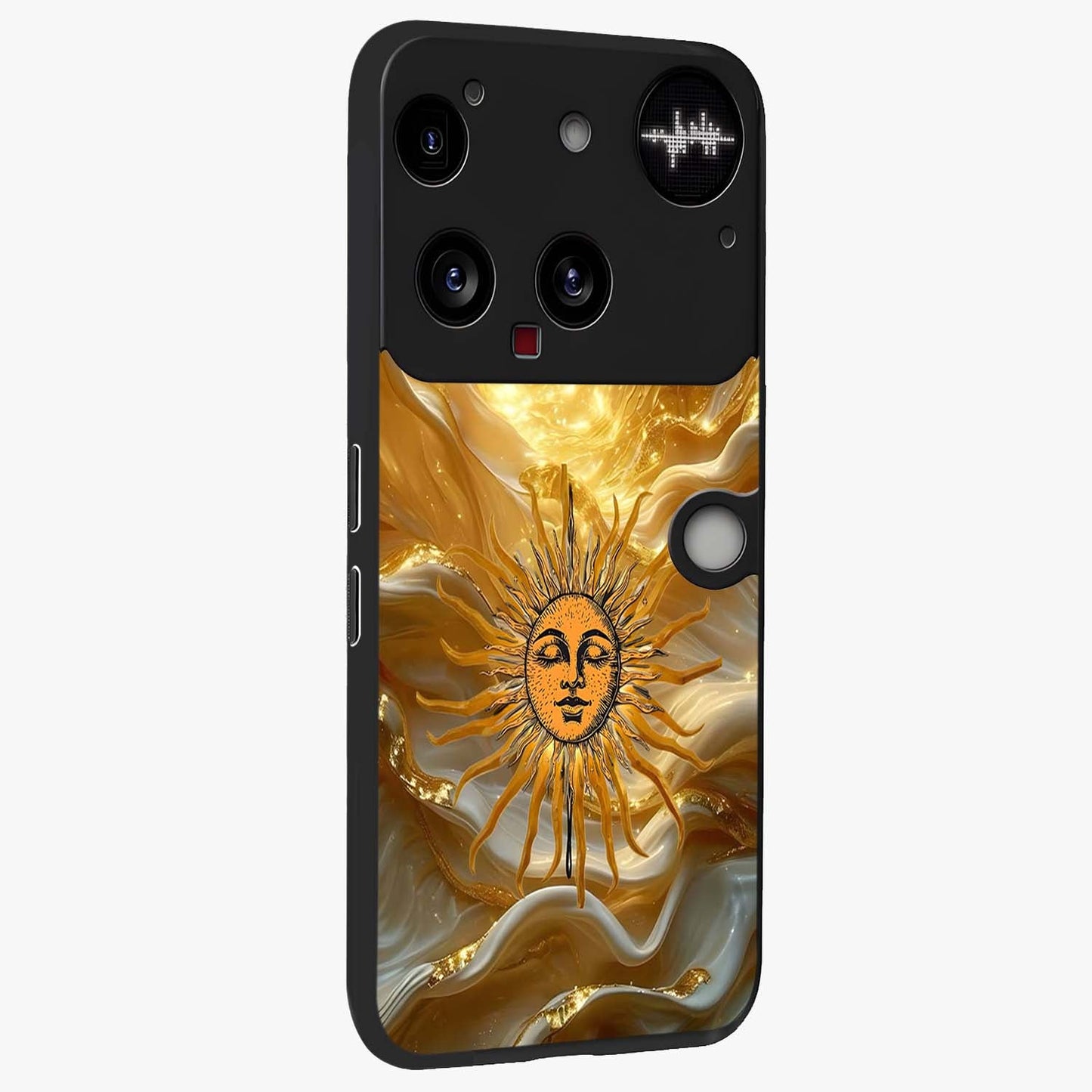 Eternal Golden Glow Glass Case upright view showcasing luminous golden artwork with luxurious visual theme.