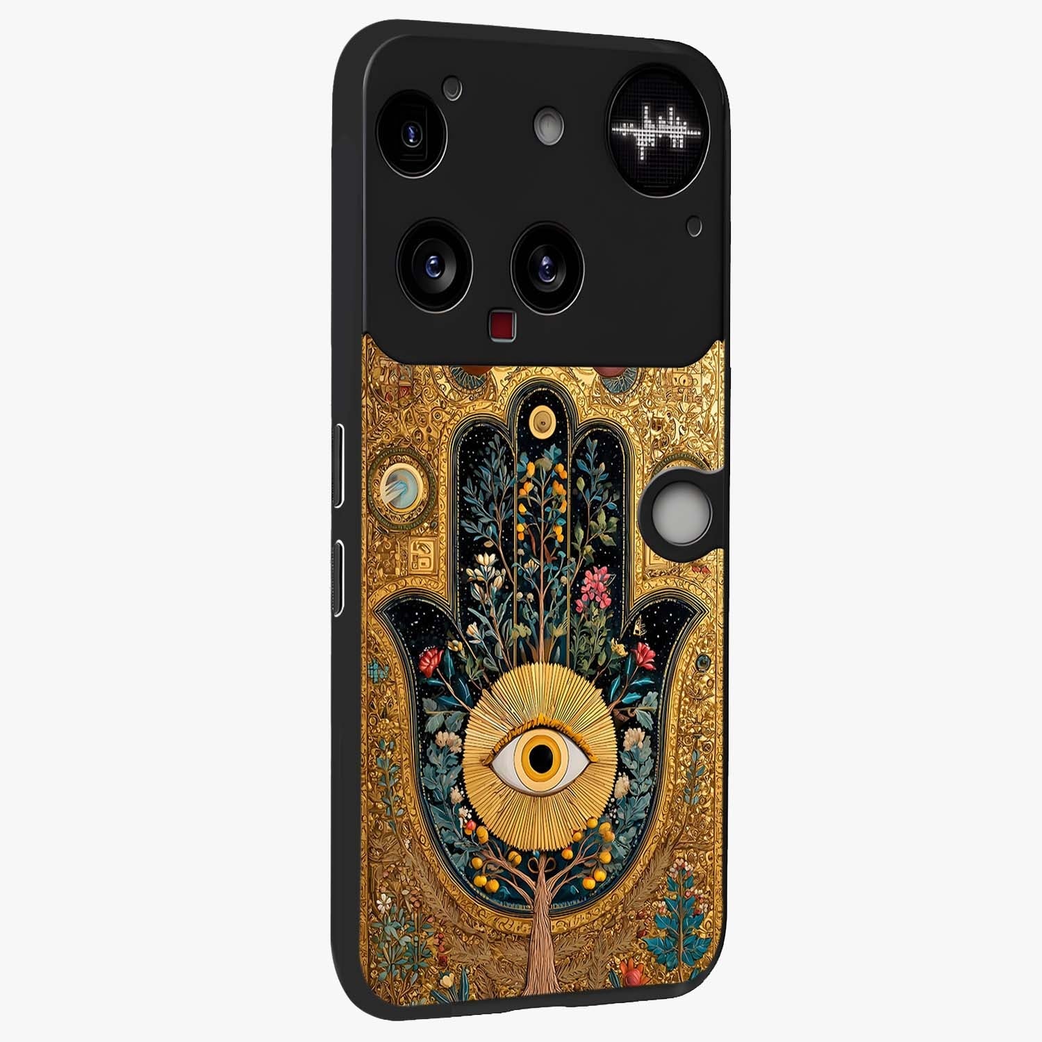 Ethereal Evil Eye Glass Case upright view showcasing celestial evil eye artwork with mystical theme.