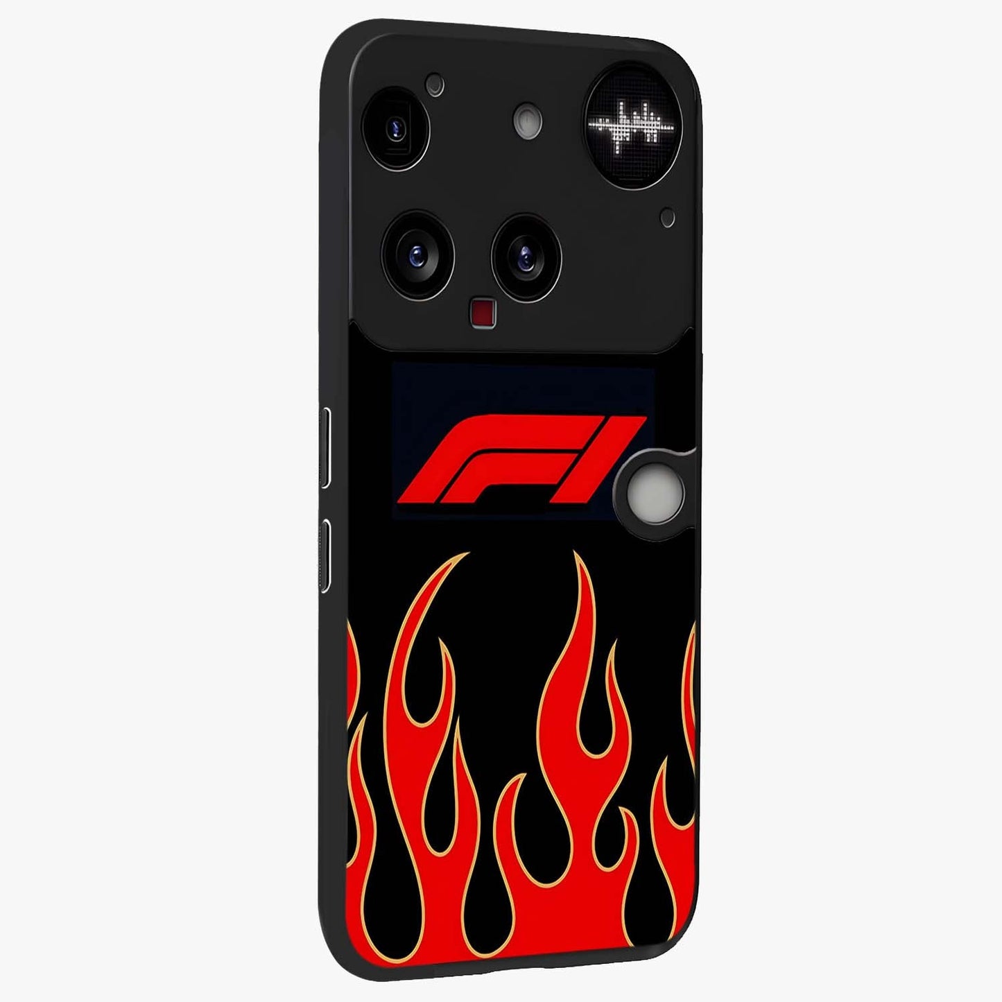 Fire F11 Glass Case upright view showcasing dynamic flame artwork with intense visual theme.