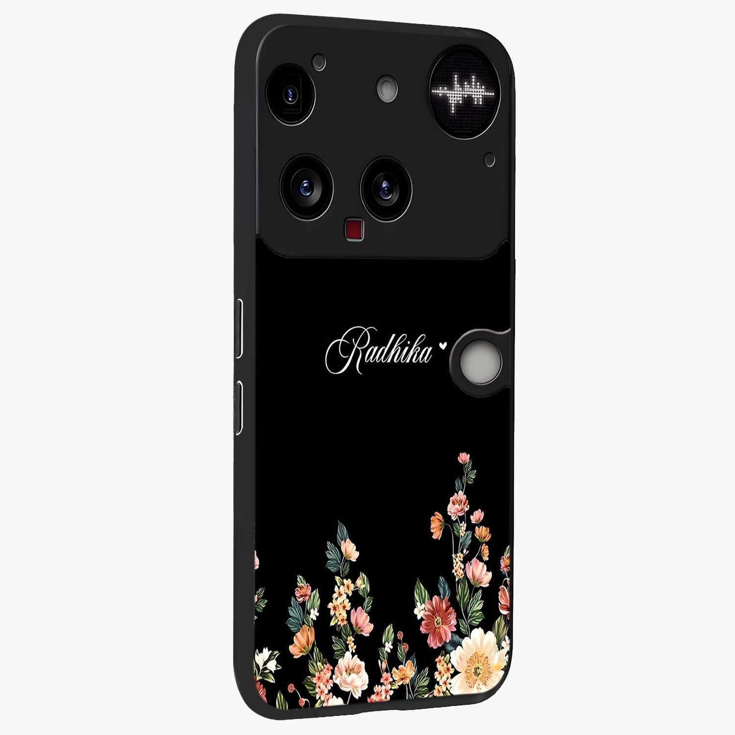 Floral Design With a Custom Personalized Name Glass Case upright view showcasing delicate floral artwork with personalized aesthetic style.
