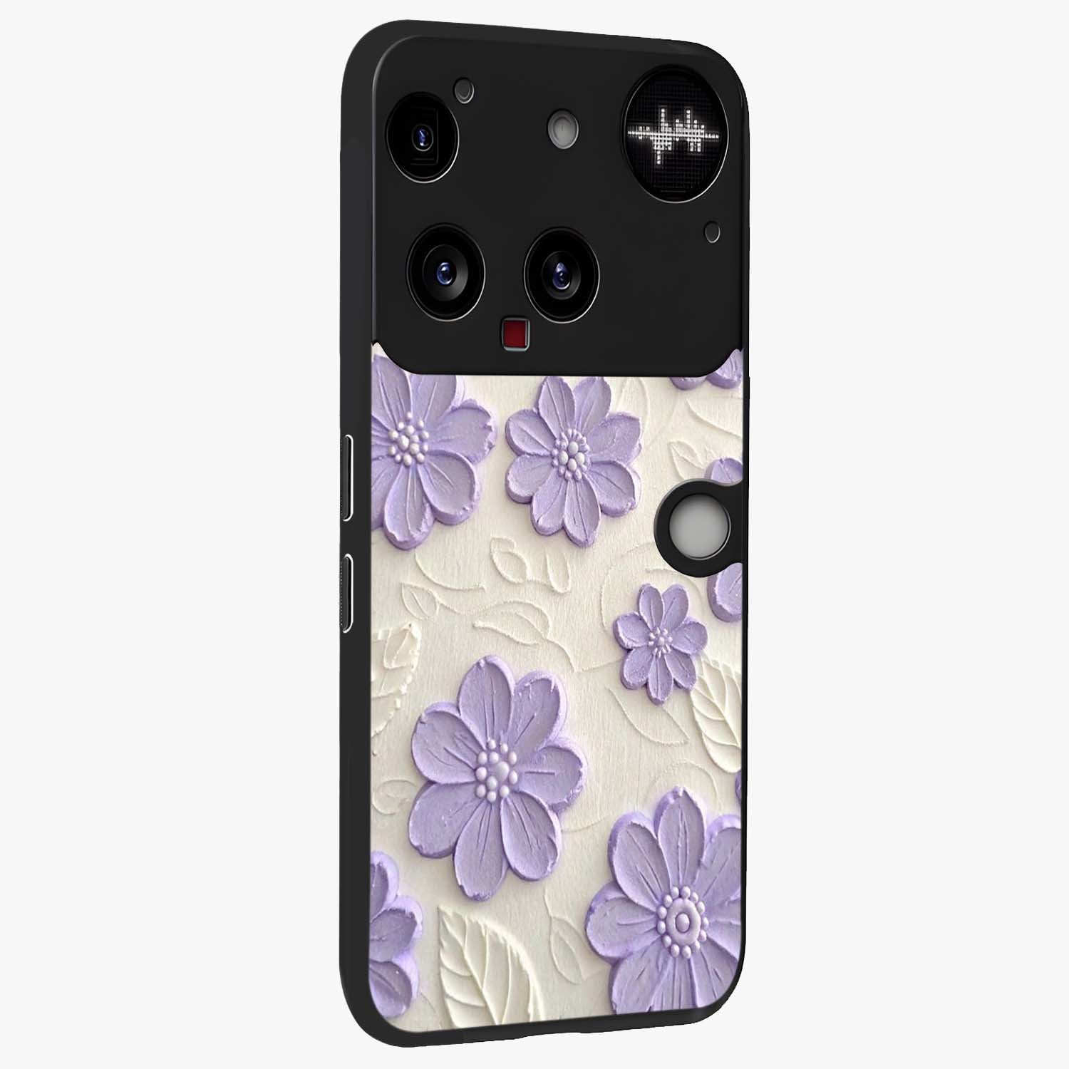 Floral Wall Art With Purple Flowers Glass Case upright view showcasing elegant purple flower artwork with decorative floral theme.