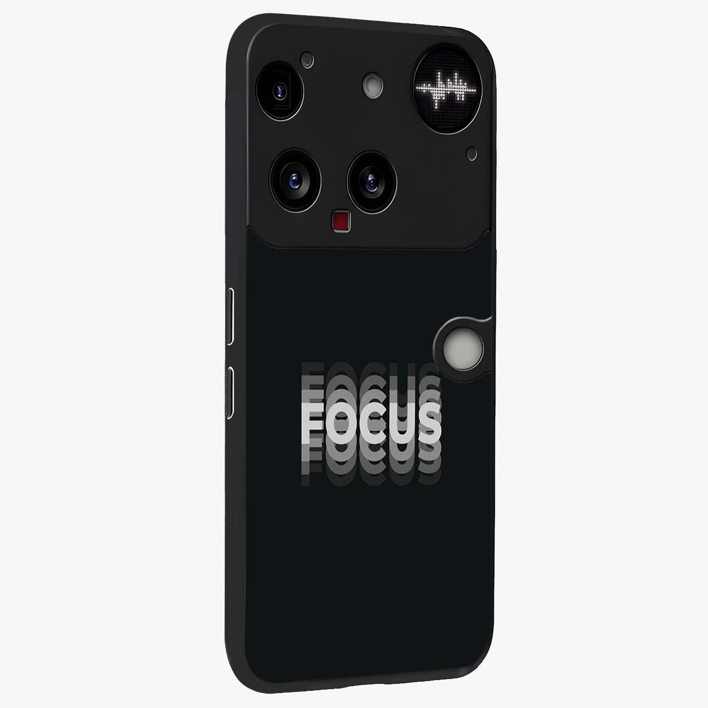 Focus Mode On Glass Case upright view showcasing strong typography statement with sleek motivational theme.