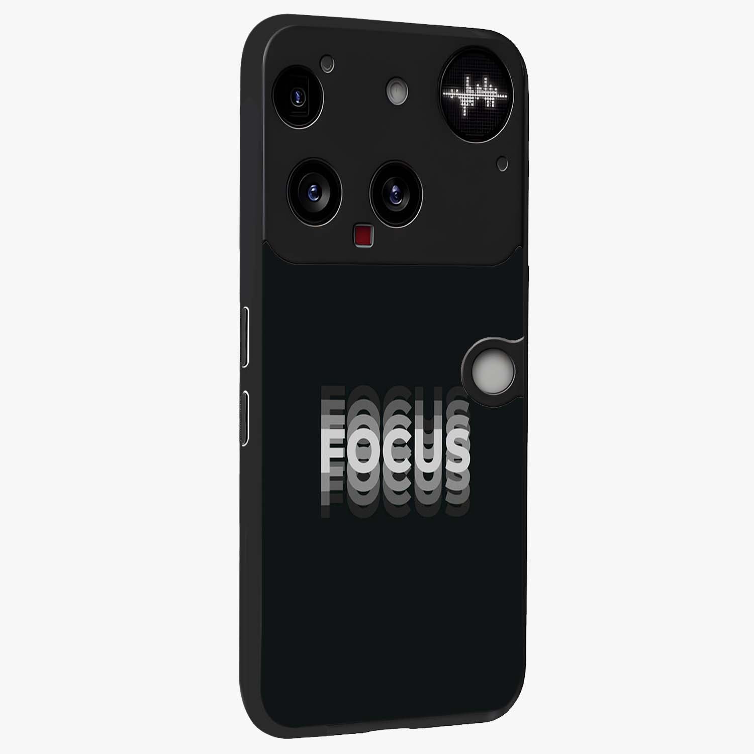 Focus Mode On Glass Case upright view showcasing strong typography statement with sleek motivational theme.