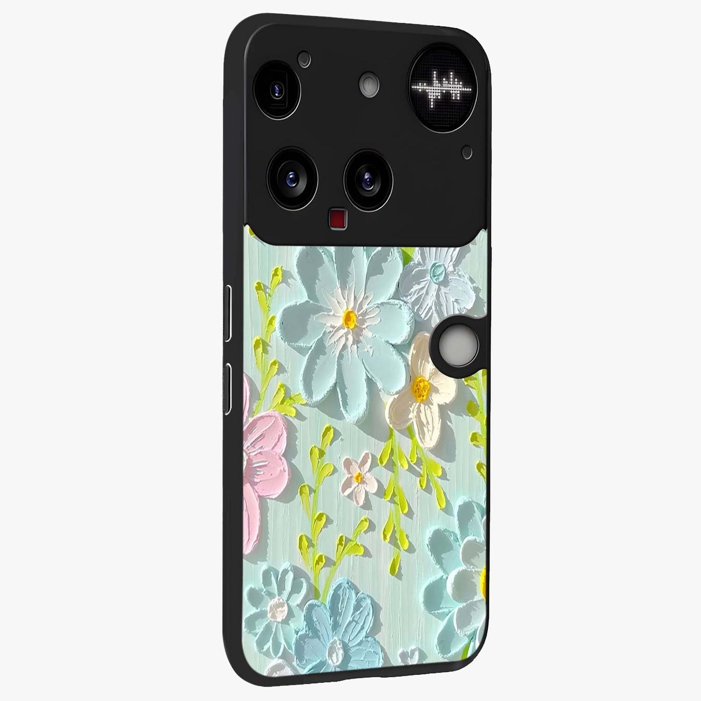 Frosted Petal Garden Glass Case upright view showcasing elegant floral garden artwork with soothing pastel theme.