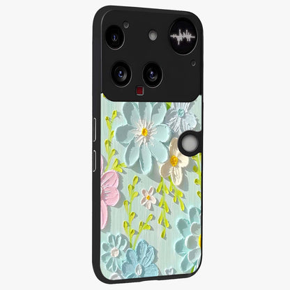 Frosted Petal Garden Glass Case upright view showcasing elegant floral garden artwork with soothing pastel theme.