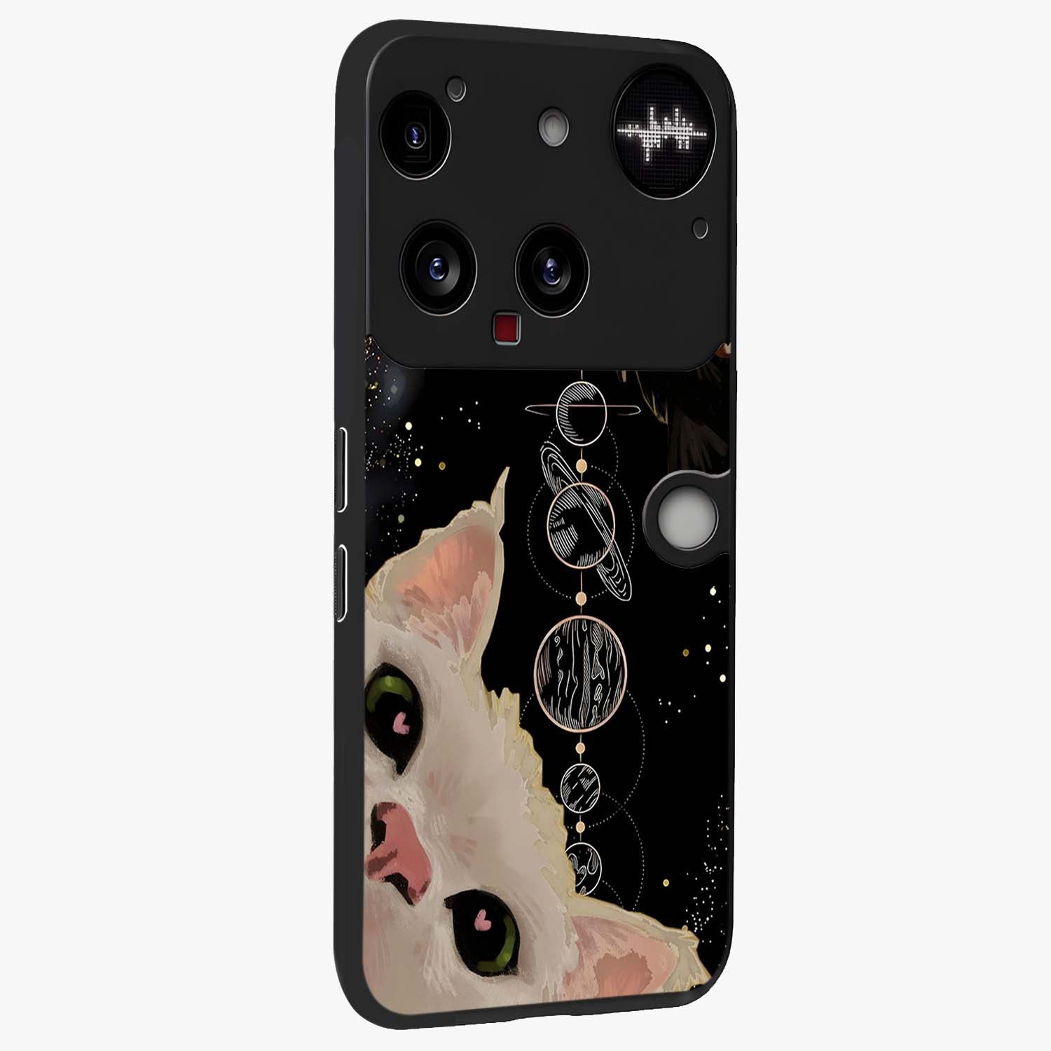 Galactic Cat Glass Case upright view showcasing mystical cat artwork with dreamy cosmic theme.