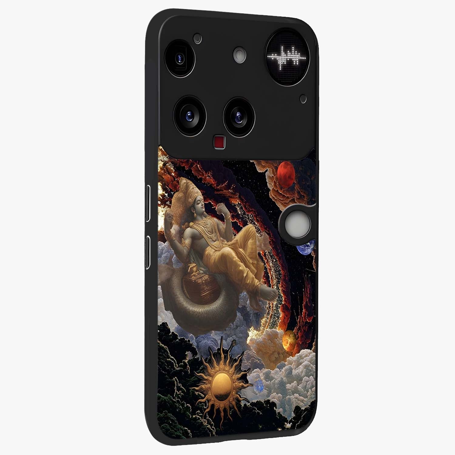 Galactic Divine God Glass Case upright view showcasing mystical divine artwork with dramatic cosmic theme.
