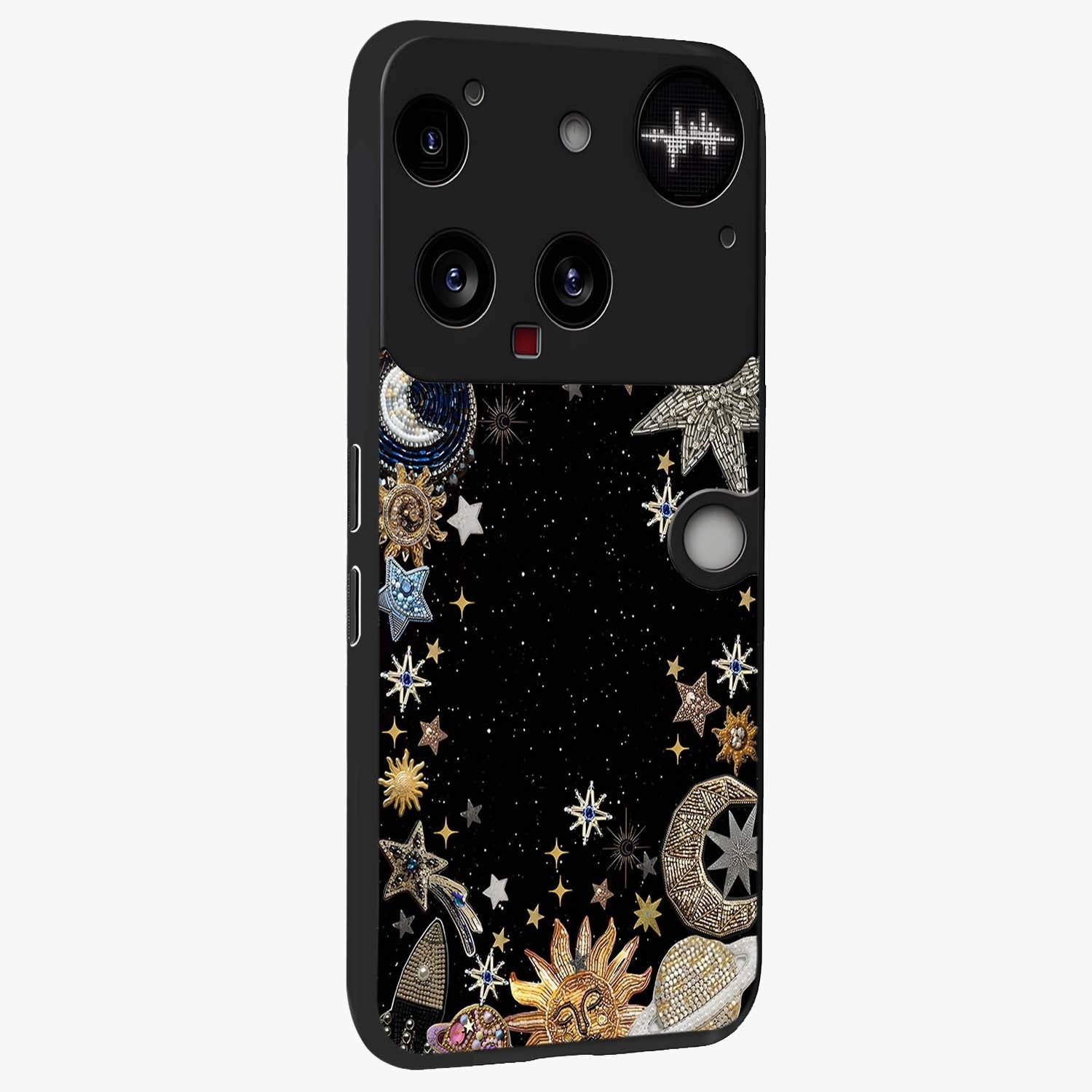 Galactic Jewel Stars Glass Case upright view showcasing glittering star jewel artwork with vibrant galaxy theme.
