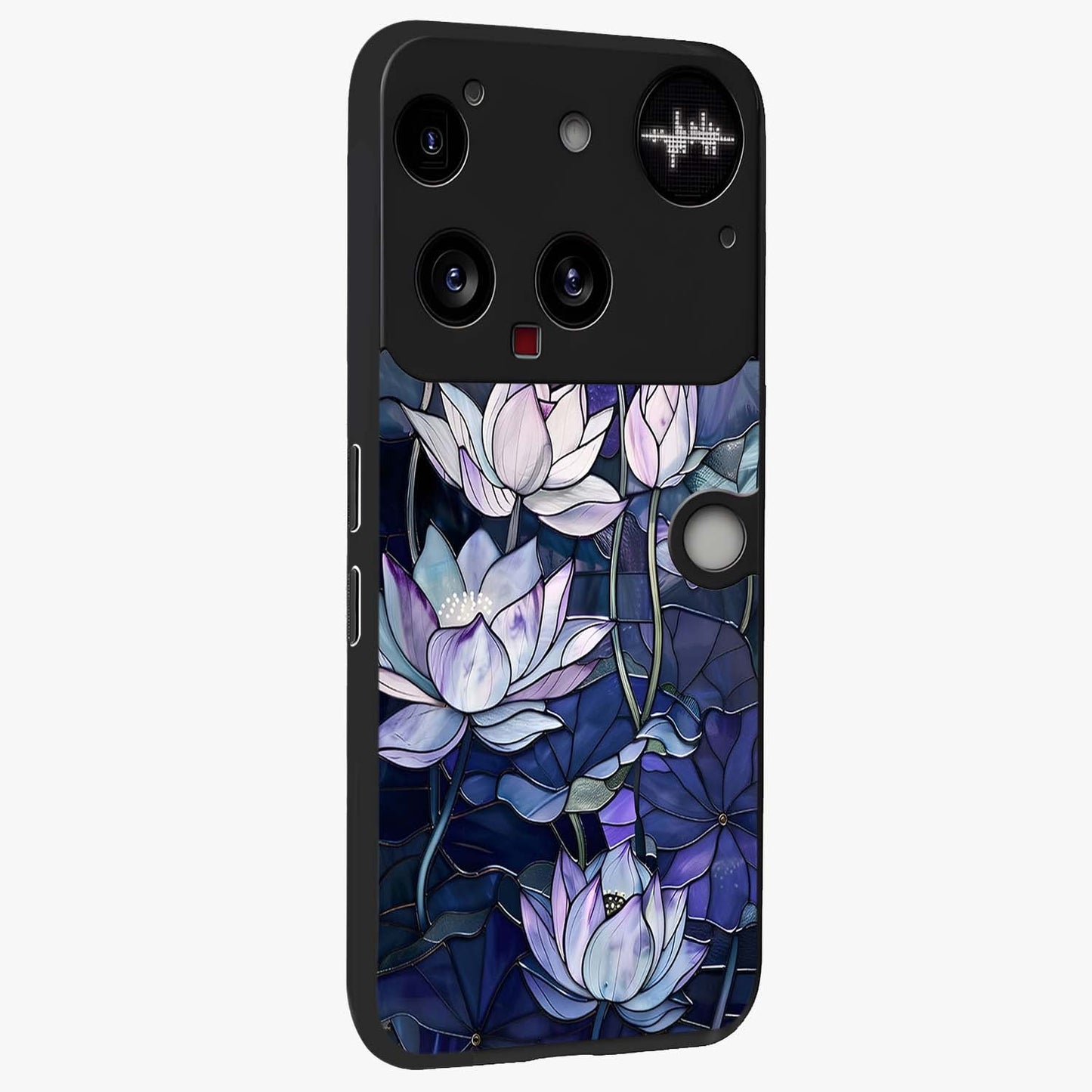 Gloss Petal Rush Glass Case upright view showcasing dynamic floral petal artwork with modern botanical theme.