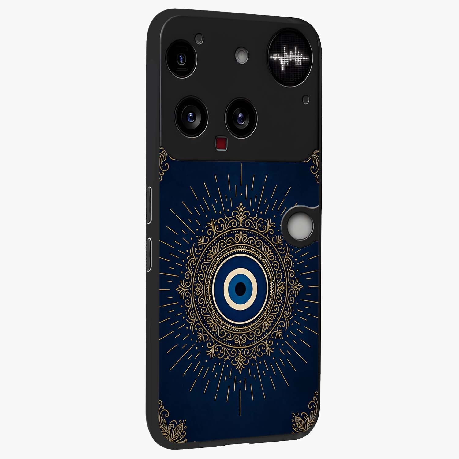 Golden Celestial Charm Glass Case upright view showcasing radiant celestial artwork with elegant golden theme.
