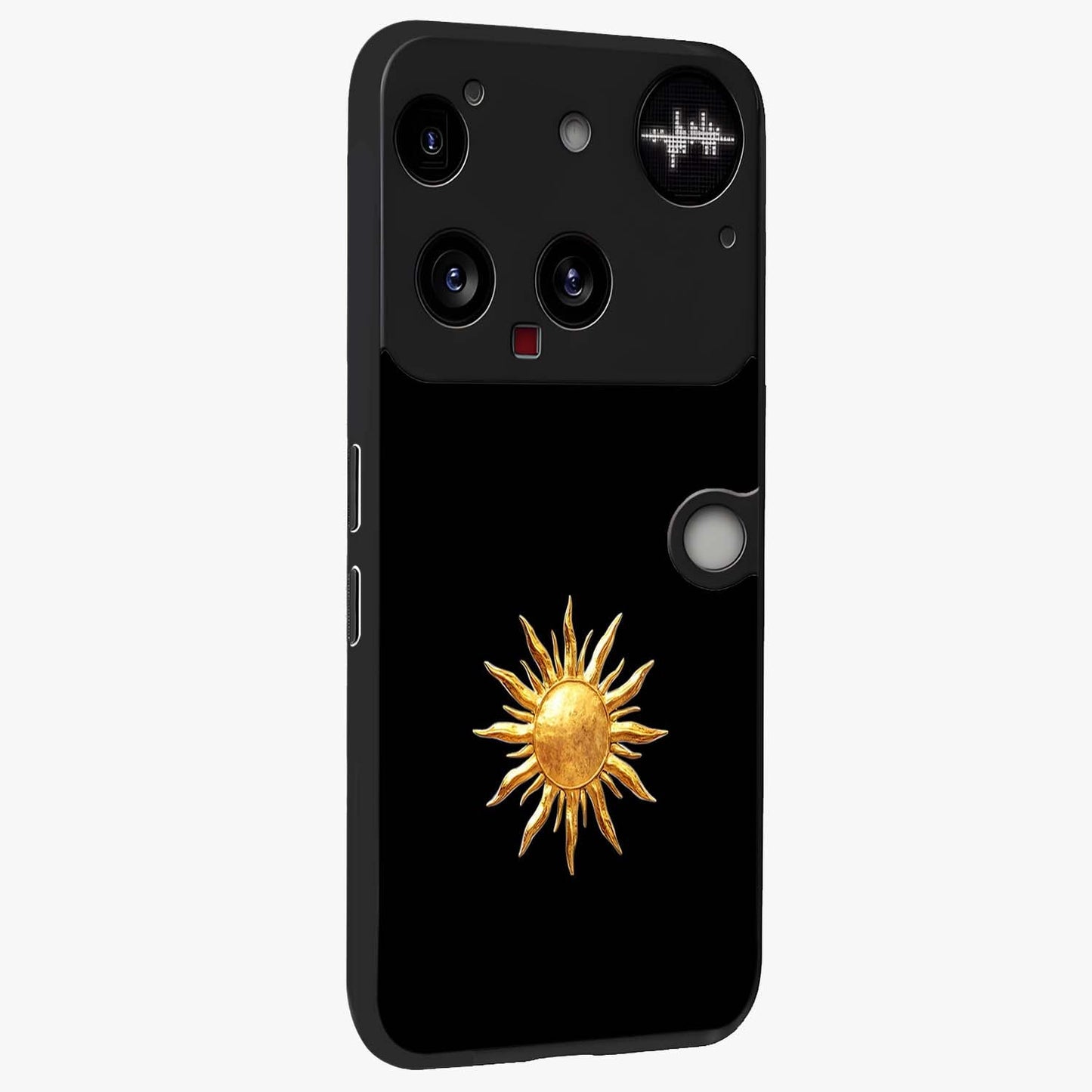 Golden Sun Minimalism Glass Case upright view showcasing haunting graveyard artwork with dramatic dark theme.