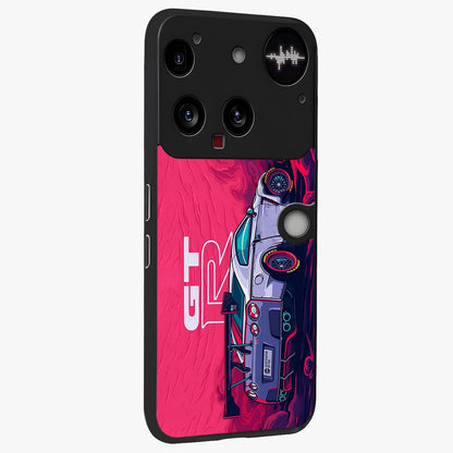 GT-R Car Pattern Glass Case upright view showcasing dynamic car pattern artwork with modern sports theme.
