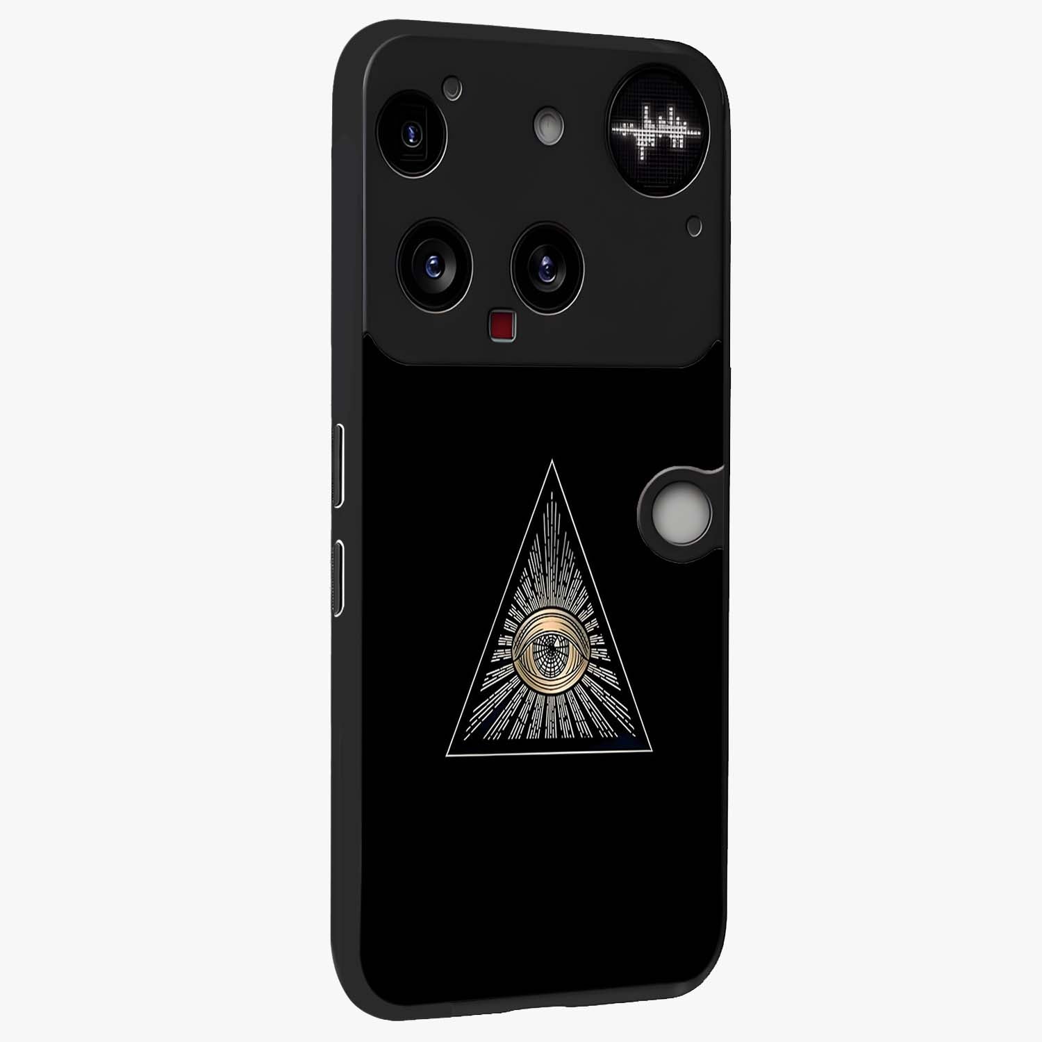 Illuminati Evil Glass Case upright view showcasing striking illuminati artwork with mysterious symbolic theme.