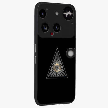 Illuminati Evil Glass Case upright view showcasing striking illuminati artwork with mysterious symbolic theme.