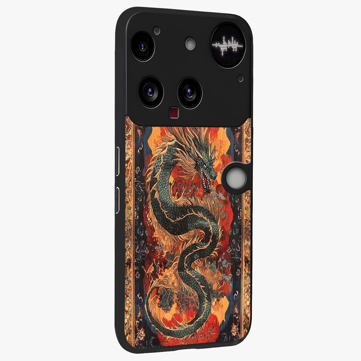 Inferno Dragon Soul Glass Case upright view showcasing intense dragon artwork with fantasy fire theme.