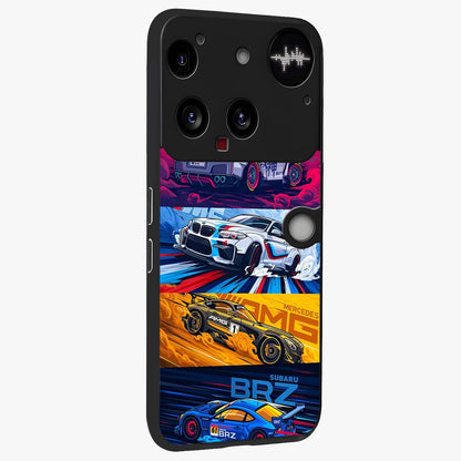 JDM Sports Car Glass Case upright view showcasing dynamic sports car artwork with bold racing theme.