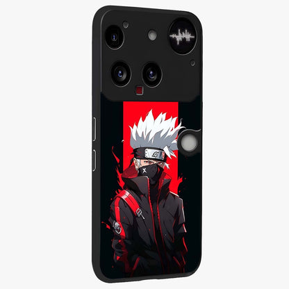 Kakashi Scarlet Shadow Glass Case upright view showcasing intense anime ninja artwork with dark action theme.