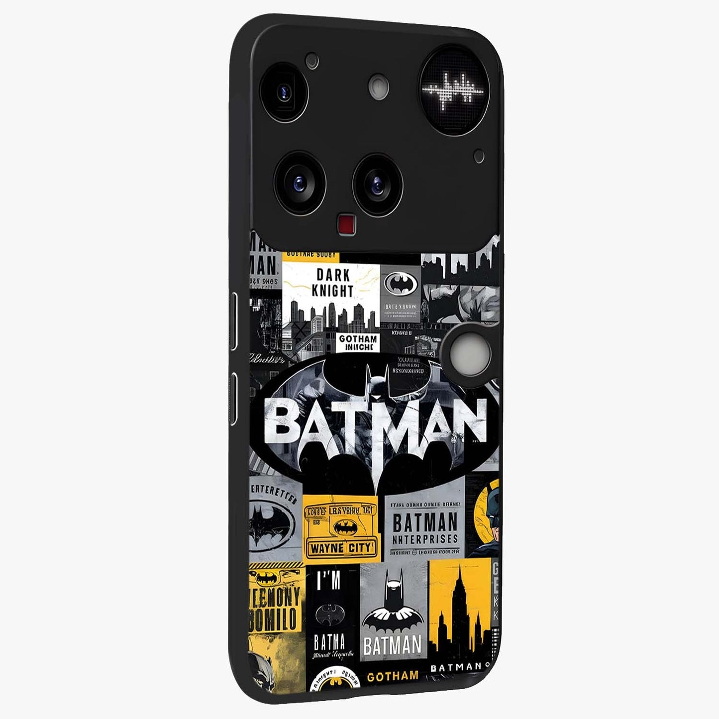 Knight Gotham Rise Glass Case upright view showcasing bold vigilante themed artwork with gothic city vibe.
