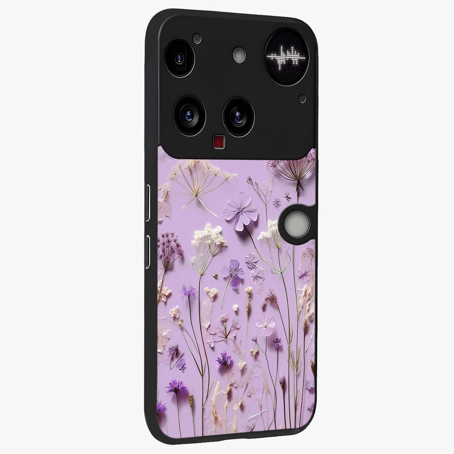 Lavender Blossom Dream Glass Case upright view showcasing delicate lavender blossom artwork with peaceful floral theme.