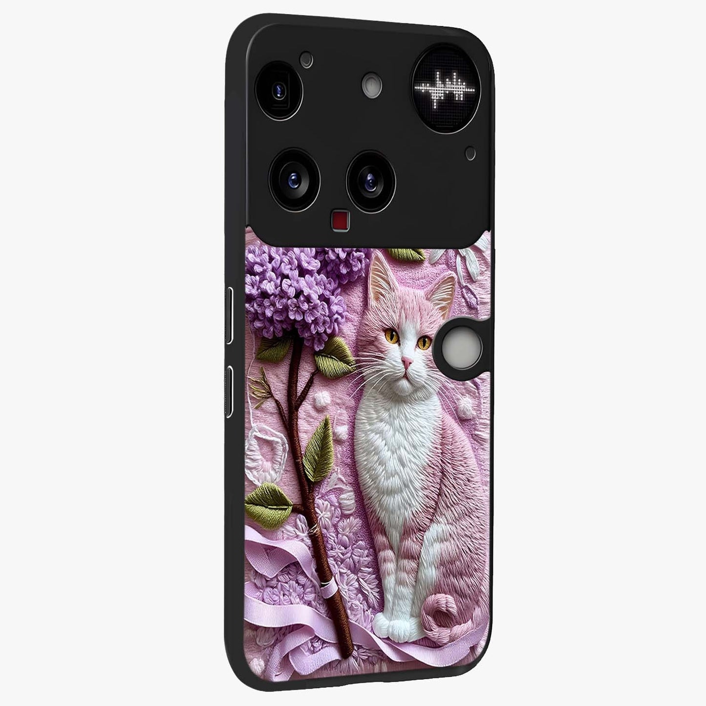 Lavender Cat Whimsy Glass Case upright view showcasing charming cat artwork with whimsical lavender theme.