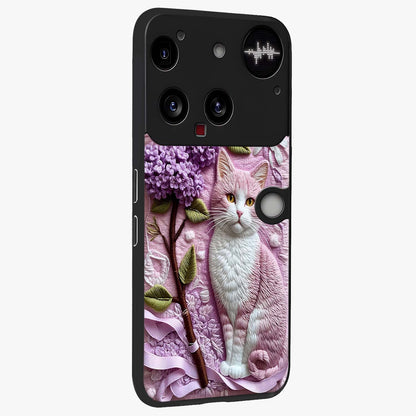 Lavender Cat Whimsy Glass Case upright view showcasing charming cat artwork with whimsical lavender theme.