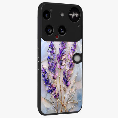 Lavender Dream Glow Glass Case upright view showcasing radiant lavender glow artwork with calming dreamy theme.