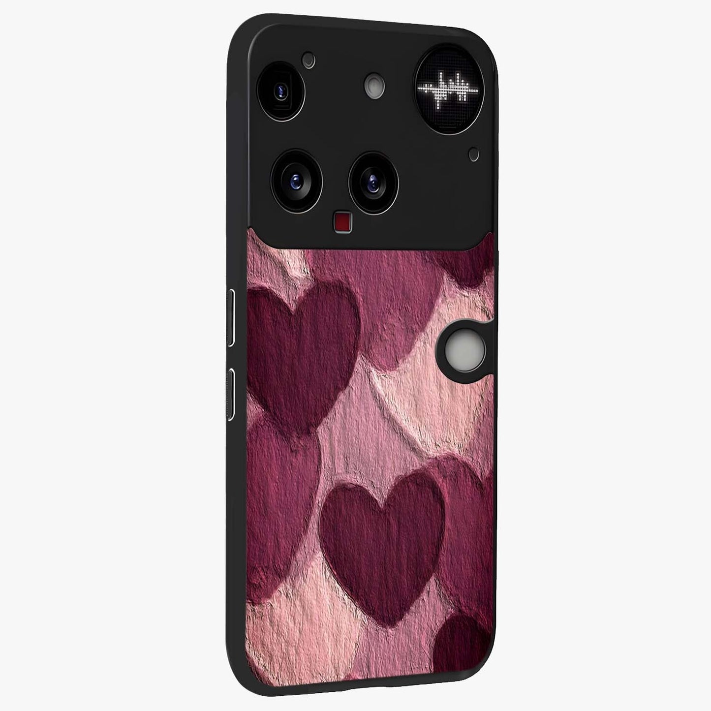 Layered Paper Hearts Glass Case upright view showcasing decorative layered heart artwork with sweet love theme.