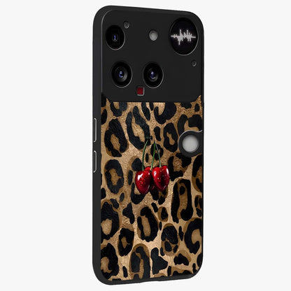 Leopard Wild Cherry Glass Case upright view showcasing stylish leopard pattern artwork with trendy fashion theme.