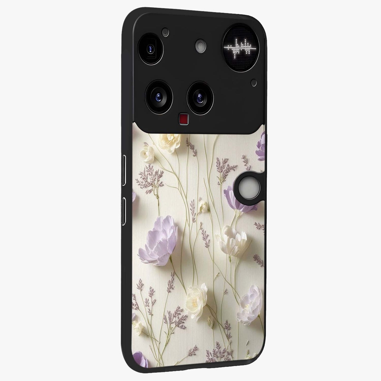 Lilac Breeze Harmony Glass Case upright view showcasing delicate lilac artwork with peaceful floral theme.