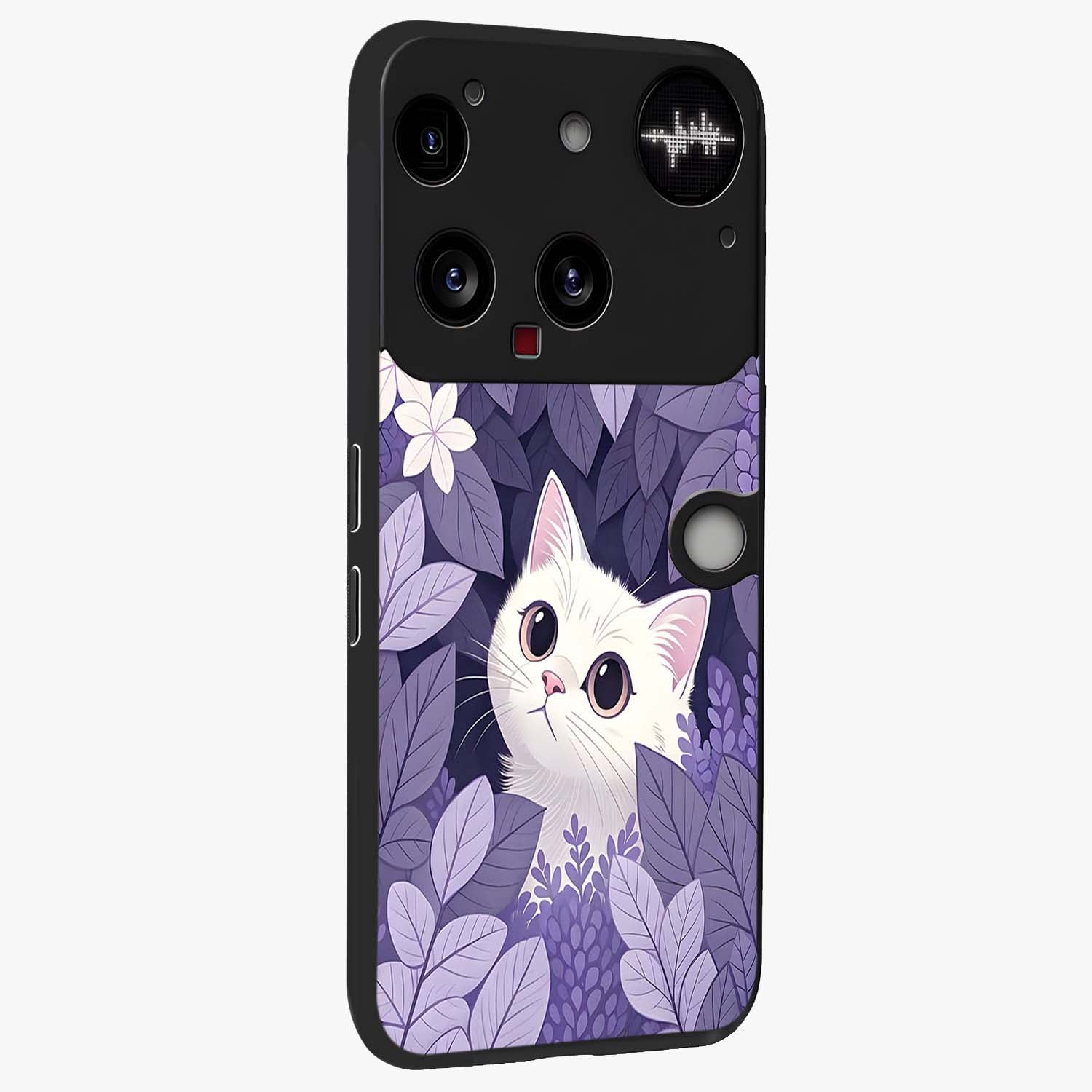 Lilac Hide Peek Cat Glass Case upright view showcasing charming cat artwork with adorable peek theme.