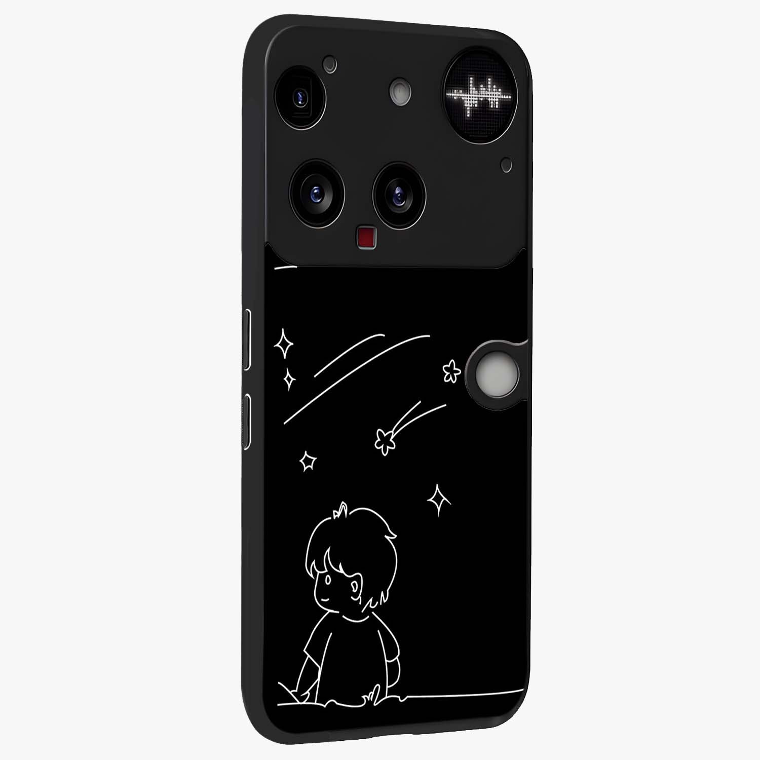 Line Art Boy With Shooting Stars Glass Case upright view showcasing artistic shooting star illustration with minimal style.