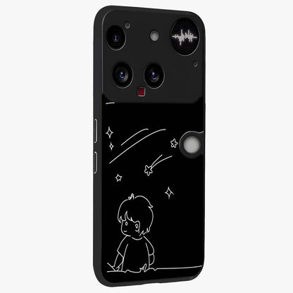 Line Art Boy With Shooting Stars Glass Case upright view showcasing artistic shooting star illustration with minimal style.