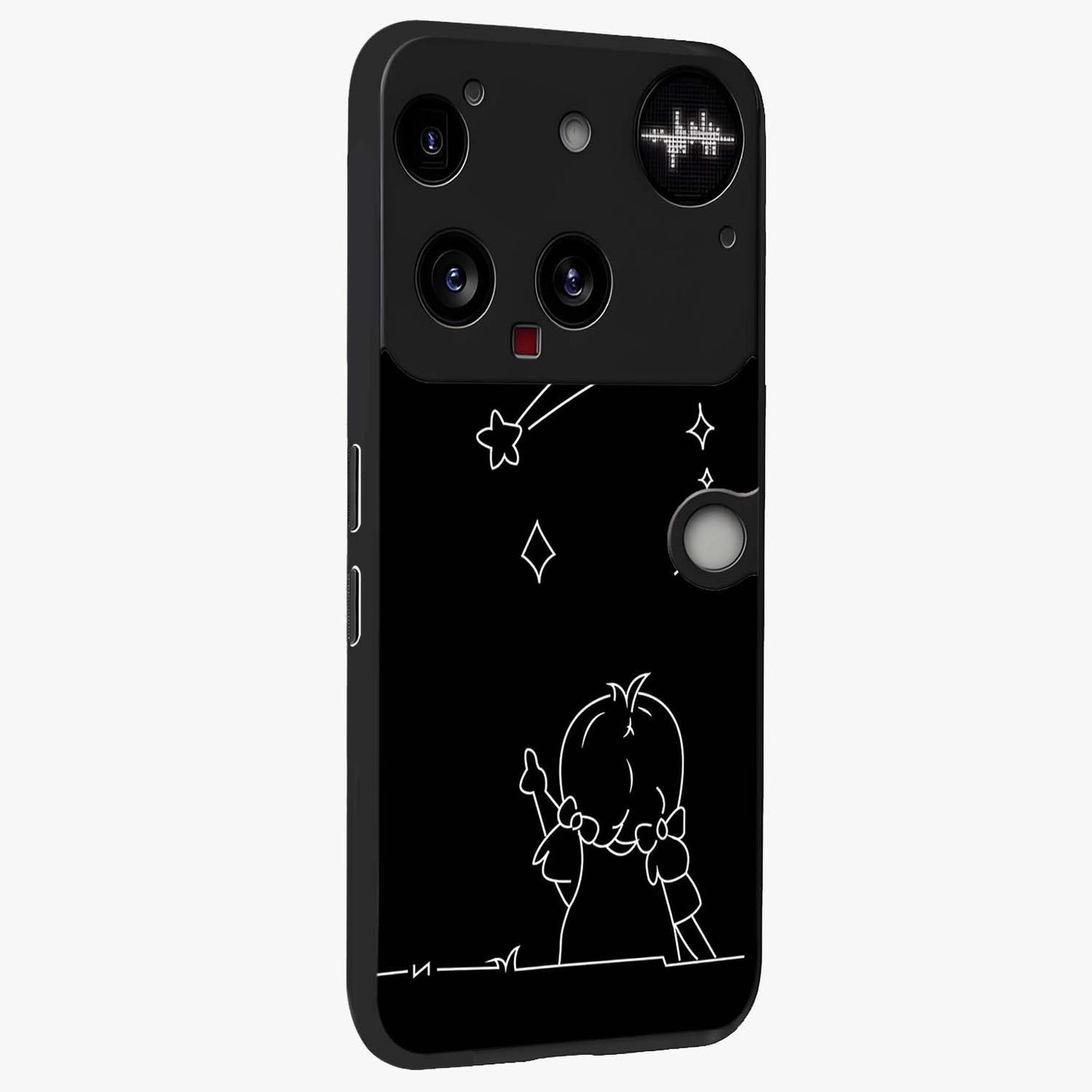Line Art Girl With Shooting Stars Glass Case upright view showcasing delicate shooting stars artwork with minimal artistic theme.