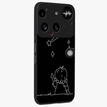 Line Art Girl With Shooting Stars Glass Case upright view showcasing delicate shooting stars artwork with minimal artistic theme.