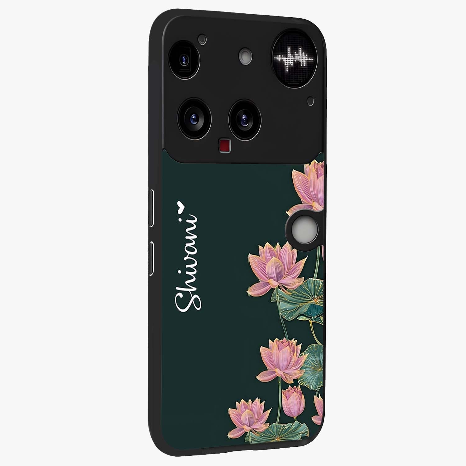 Lotus Bloom Serenity Custom Name Glass Case upright view showcasing serene lotus bloom artwork with personalized floral aesthetic.