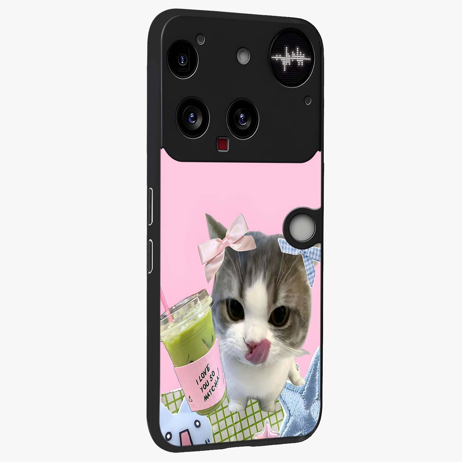Love Matcha Cat Glass Case upright view showcasing adorable cat artwork with charming matcha themed design.