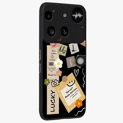 Lucky Aesthetic Collage Glass Case upright view showcasing vibrant collage artwork with youthful aesthetic theme.